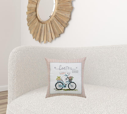 17" X 17" Light Pink Checkered Easter Bunny on Bicycle Throw Pillow FurniFindUSA
