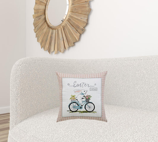 17" X 17" Light Pink Checkered Easter Bunny on Bicycle Throw Pillow FurniFindUSA
