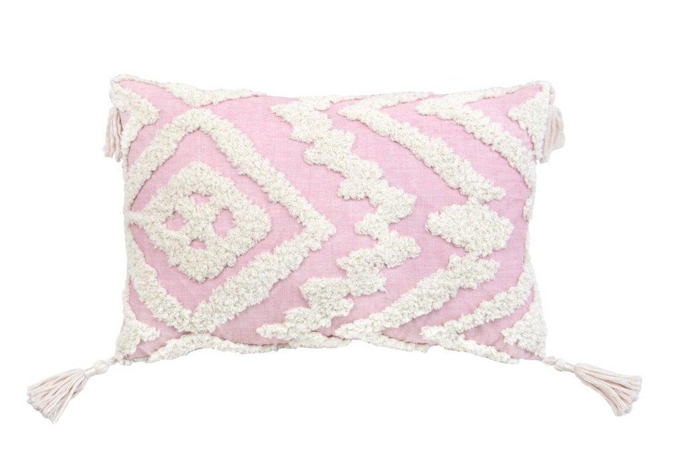 13" X 20" Pink and White Textural Abstract Throw Pillow with Tassels — view 2