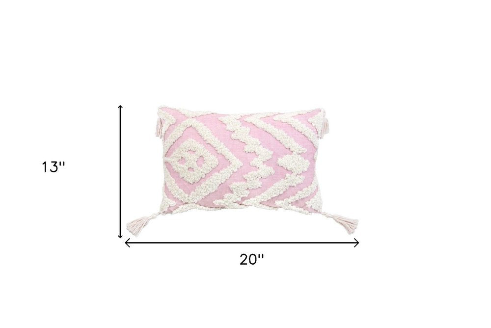 13" X 20" Pink and White Textural Abstract Throw Pillow with Tassels — view 5