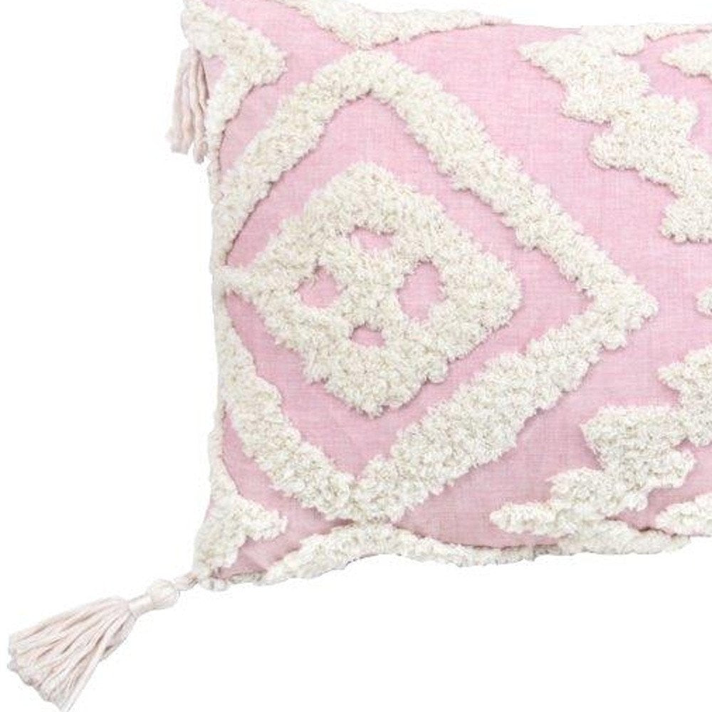 13" X 20" Pink and White Textural Abstract Throw Pillow with Tassels — view 4