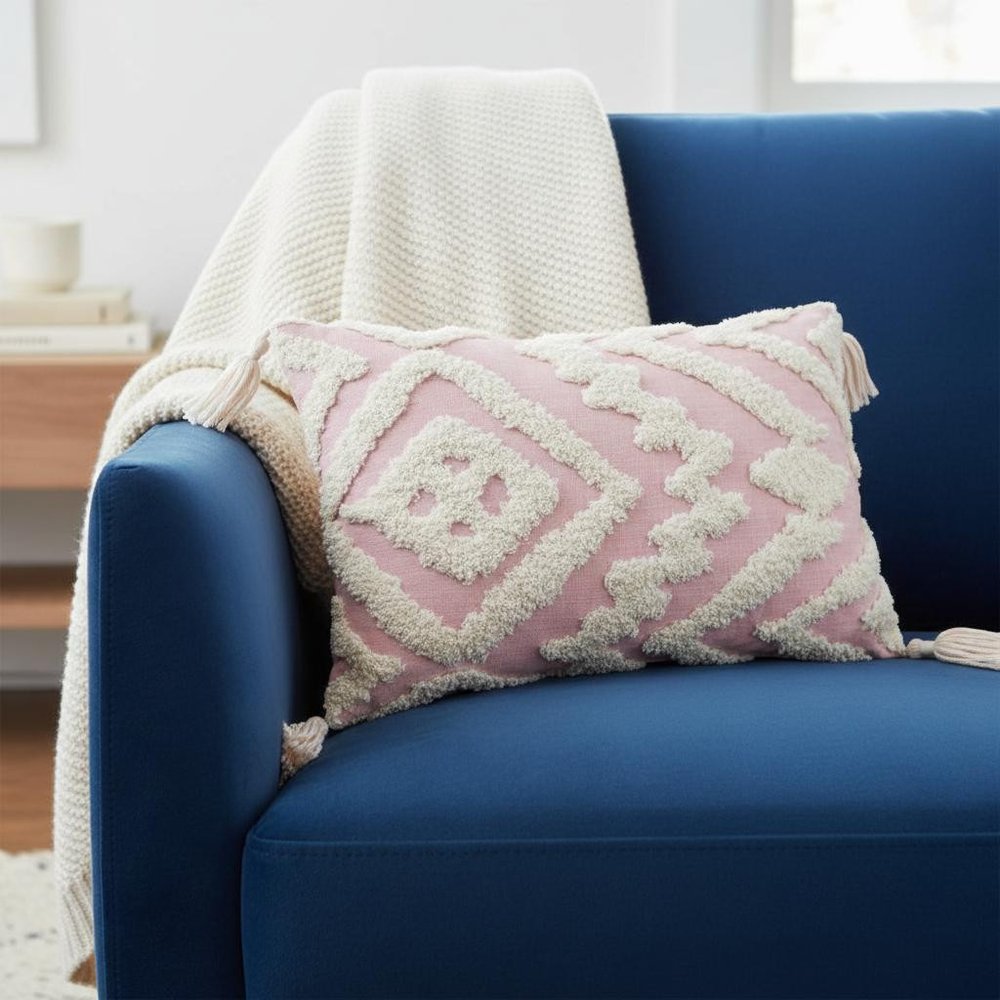13" X 20" Pink and White Textural Abstract Throw Pillow with Tassels — view 1