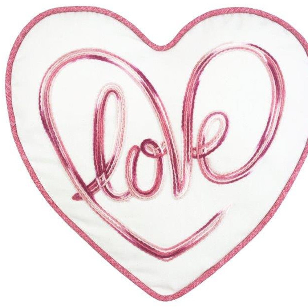 15" X 16" White And Rose Love Heart Throw Pillow With Embroidery FurniFindUSA
