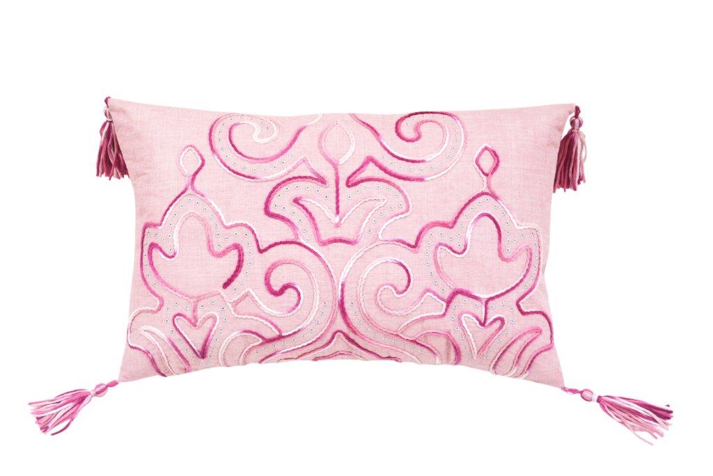 13" X 20" Pink Embroidered Damask Throw Pillow With Tassels FurniFindUSA