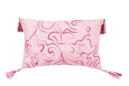 13" X 20" Pink Embroidered Damask Throw Pillow With Tassels FurniFindUSA