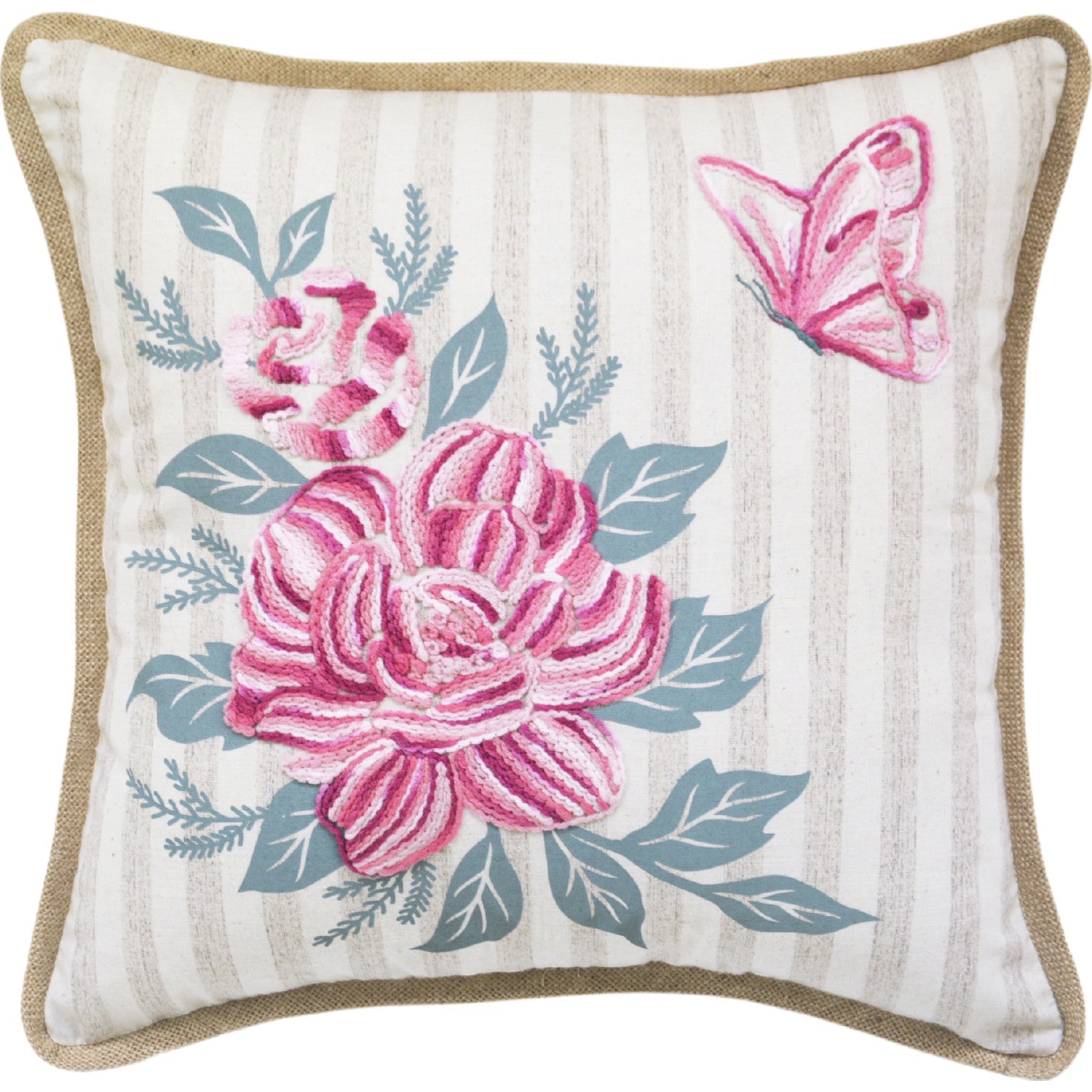 17" X 17" Pink Embroidered Floral and Butterfly with Burlap Throw Pillow FurniFindUSA
