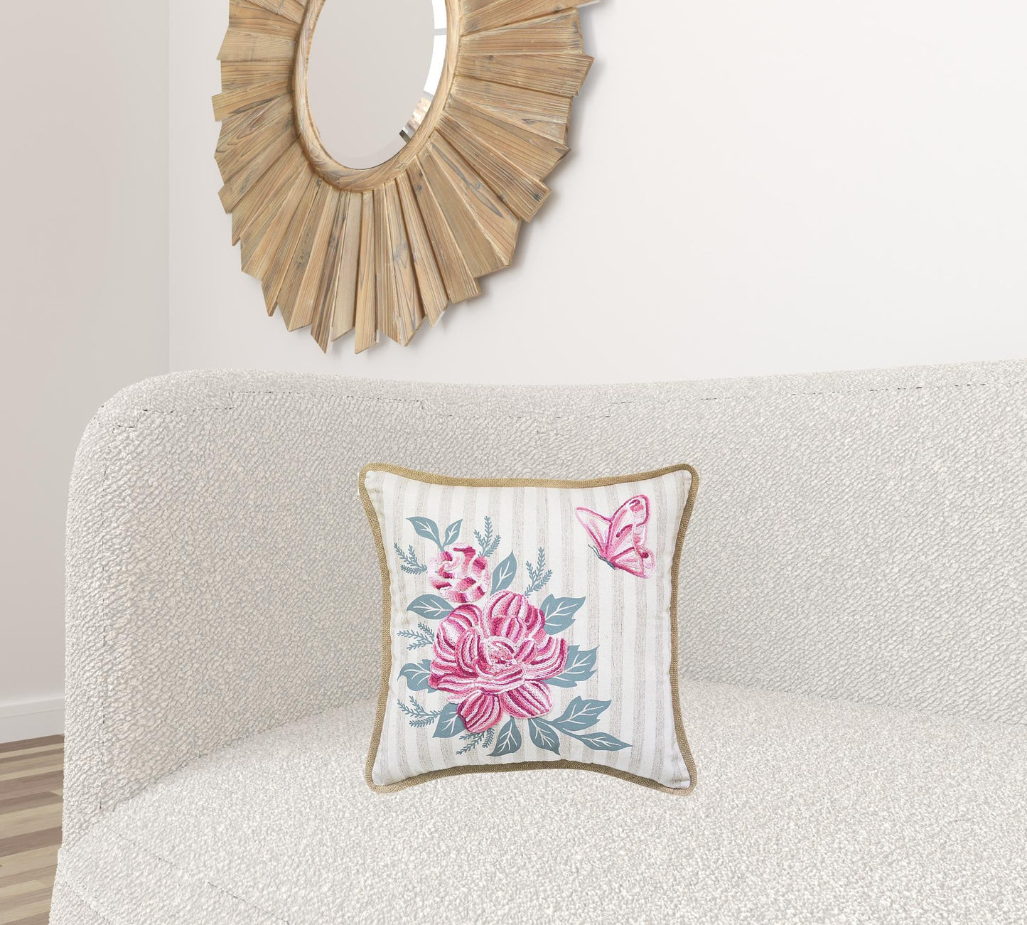 17" X 17" Pink Embroidered Floral and Butterfly with Burlap Throw Pillow FurniFindUSA