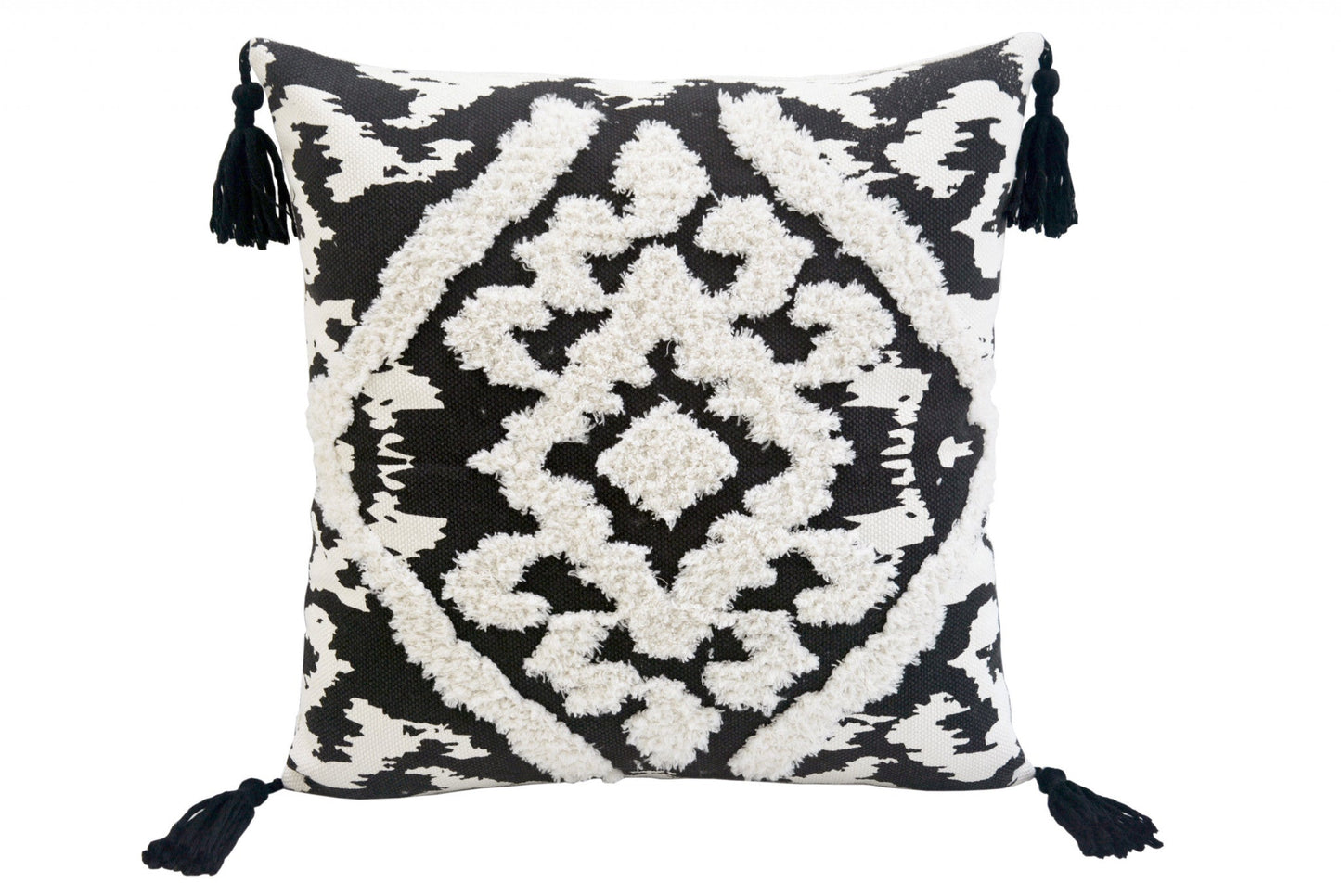 17" X 17" Black and White Textural Geometric Throw Pillow With Tassels FurniFindUSA