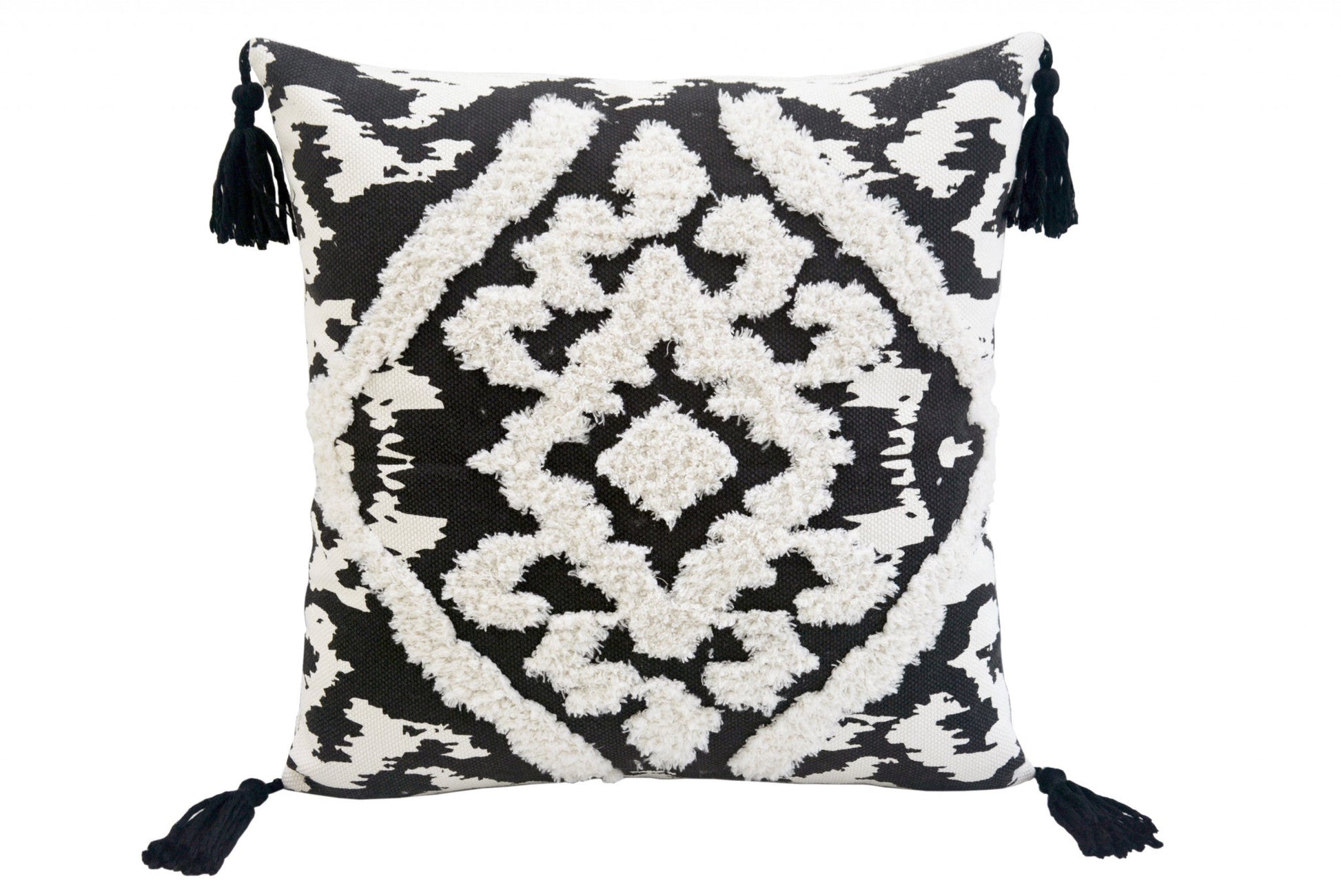 17" X 17" Black and White Textural Geometric Throw Pillow With Tassels FurniFindUSA