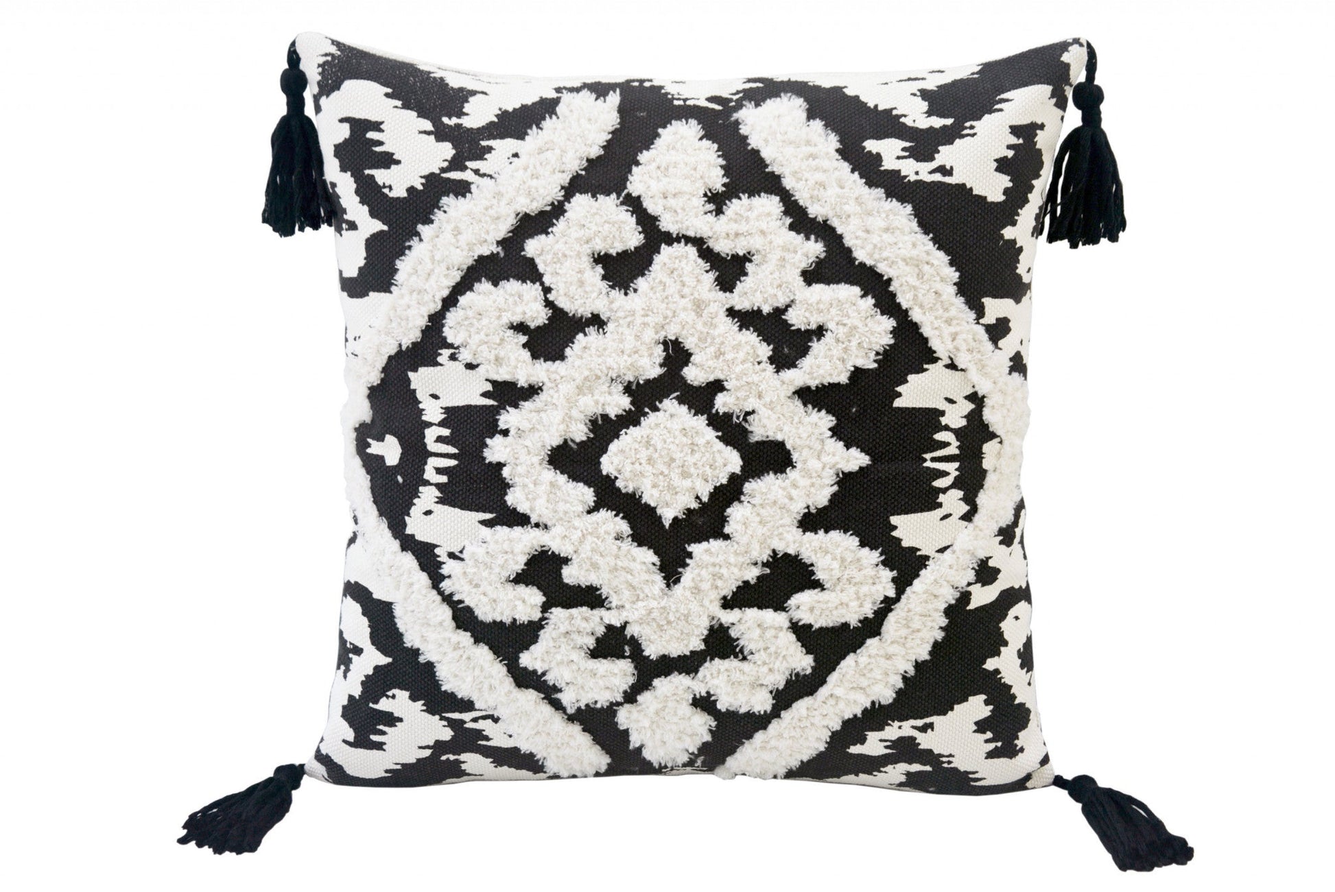 17" X 17" Black and White Textural Geometric Throw Pillow With Tassels FurniFindUSA