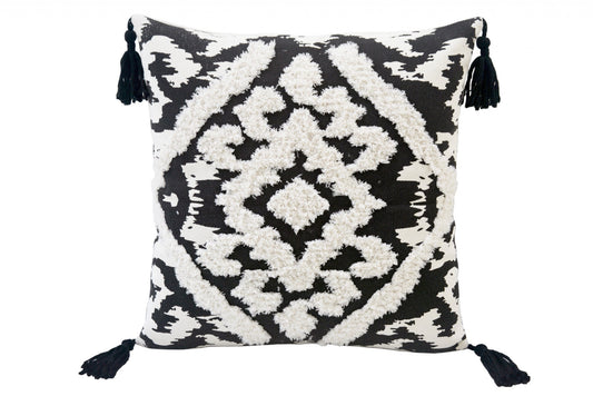 17" X 17" Black and White Textural Geometric Throw Pillow With Tassels FurniFindUSA