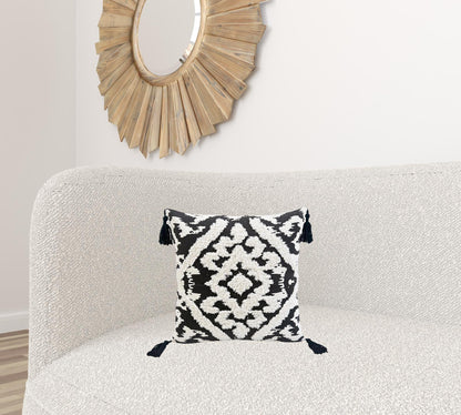 17" X 17" Black and White Textural Geometric Throw Pillow With Tassels FurniFindUSA