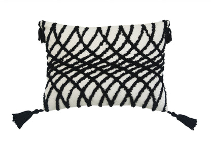13" X 18" Black And White Geometric Zippered Polyester And Cotton Blend Throw Pillow With Tassels FurniFindUSA