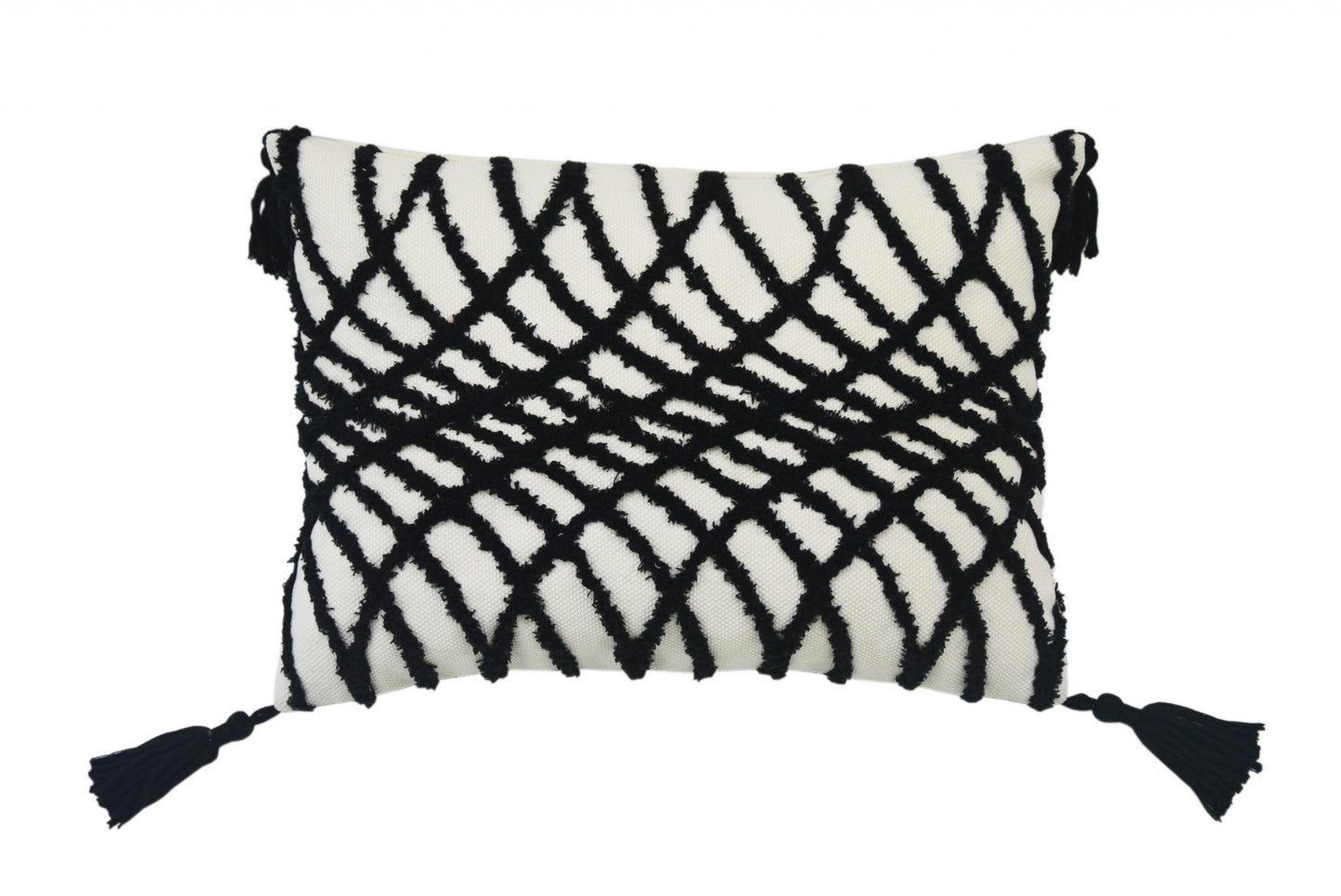 13" X 18" Black And White Geometric Zippered Polyester And Cotton Blend Throw Pillow With Tassels FurniFindUSA