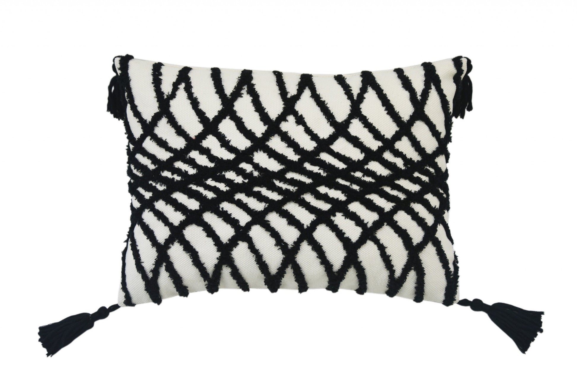 13" X 18" Black And White Geometric Zippered Polyester And Cotton Blend Throw Pillow With Tassels FurniFindUSA