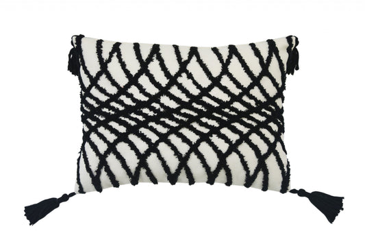 13" X 18" Black And White Geometric Zippered Polyester And Cotton Blend Throw Pillow With Tassels FurniFindUSA