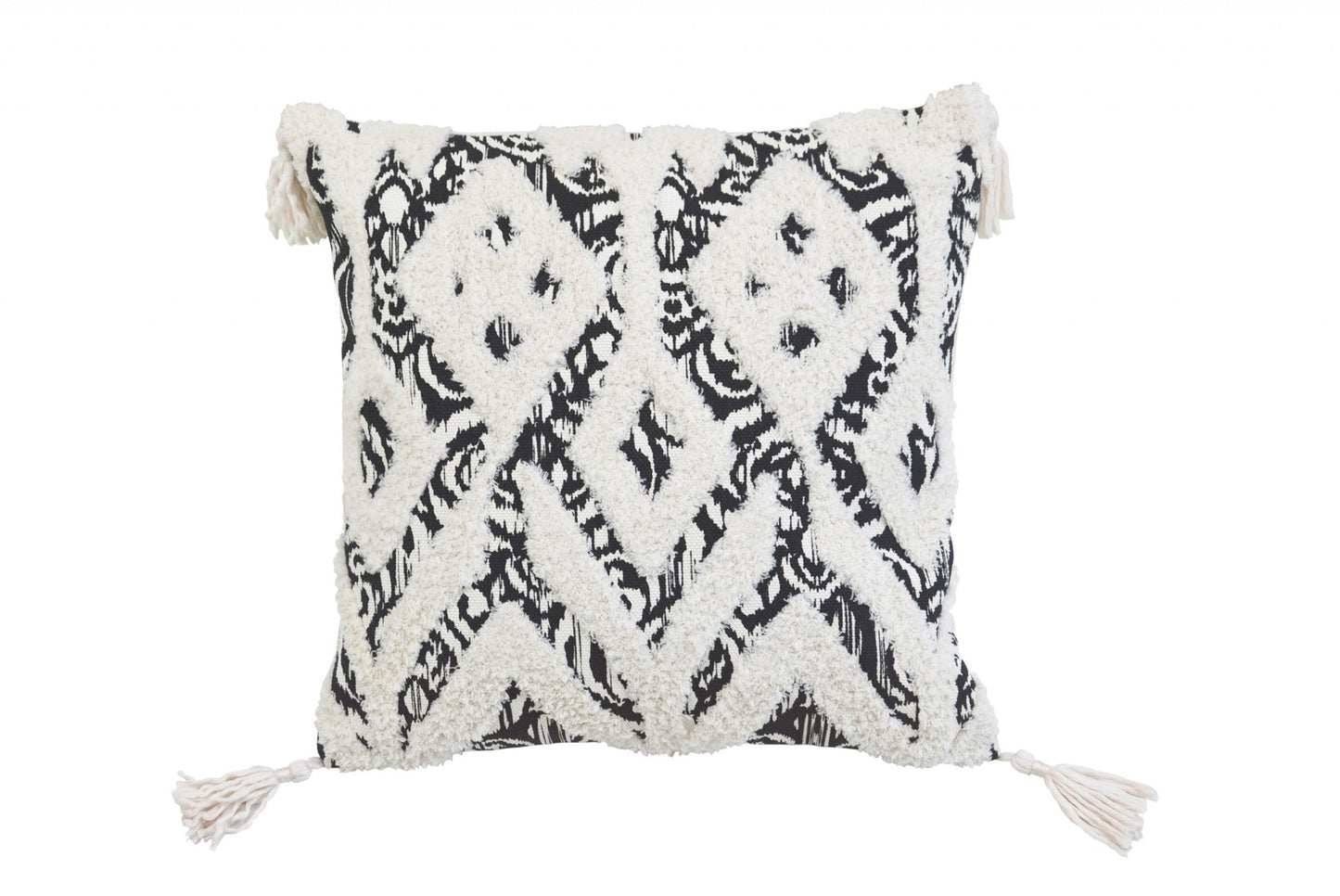 18" X 18" Black And White Ikat Zippered Polyester And Cotton Blend Throw Pillow With Tassels FurniFindUSA