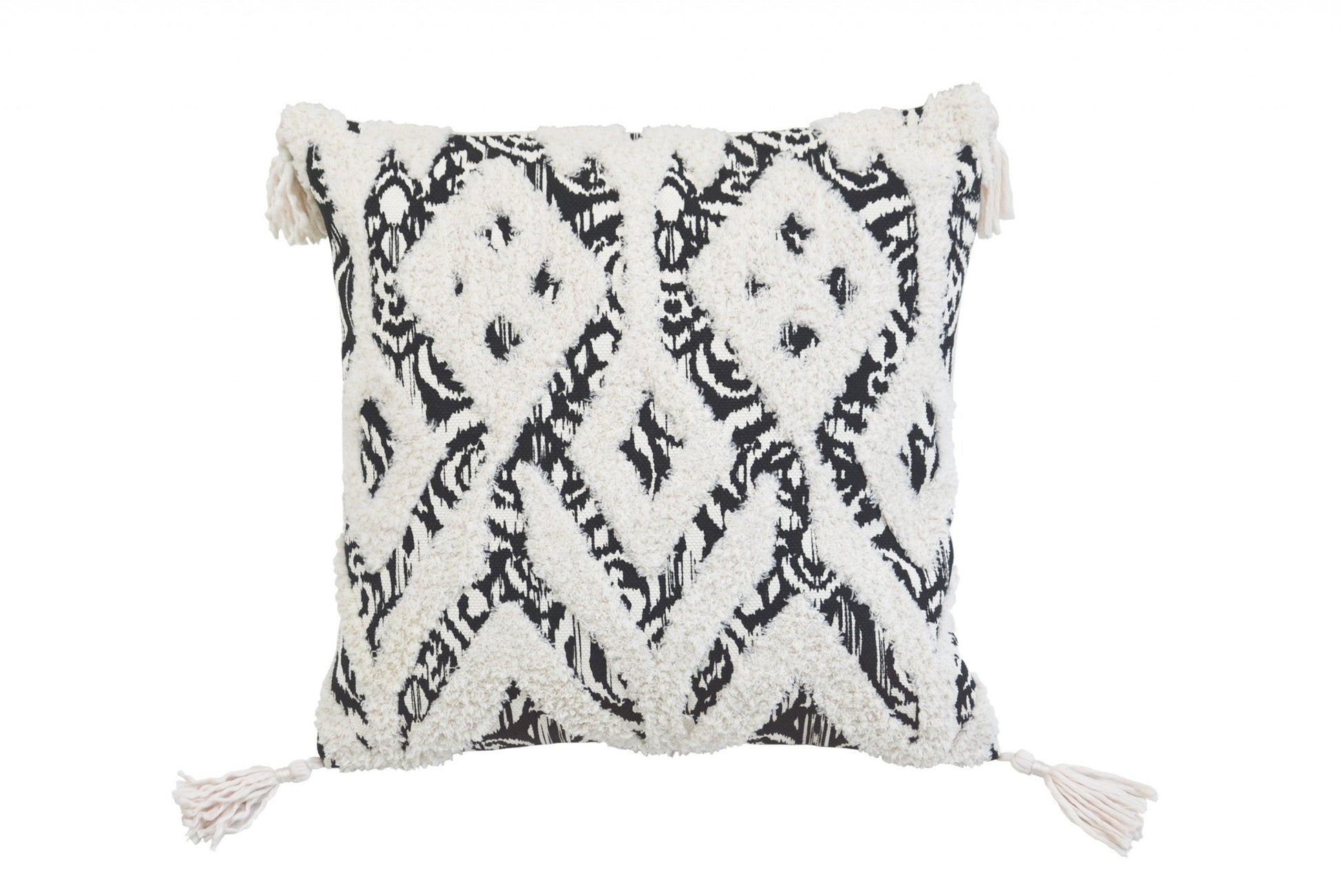 18" X 18" Black And White Ikat Zippered Polyester And Cotton Blend Throw Pillow With Tassels FurniFindUSA