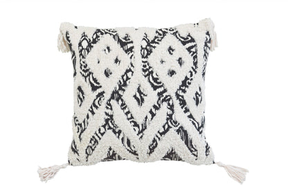 18" X 18" Black And White Ikat Zippered Polyester And Cotton Blend Throw Pillow With Tassels FurniFindUSA