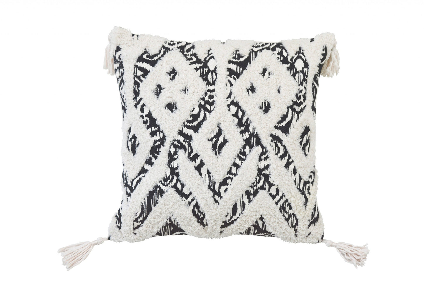 18" X 18" Black And White Ikat Zippered Polyester And Cotton Blend Throw Pillow With Tassels FurniFindUSA