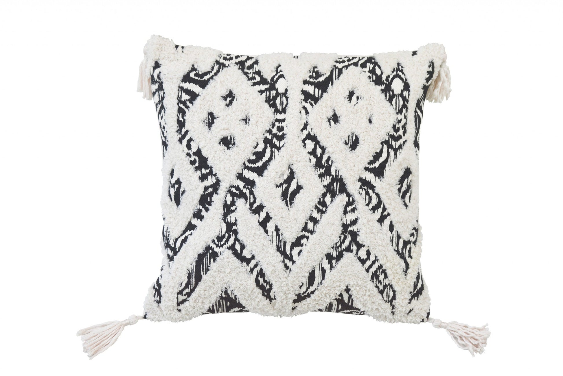 18" X 18" Black And White Ikat Zippered Polyester And Cotton Blend Throw Pillow With Tassels FurniFindUSA