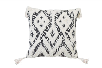 18" X 18" Black And White Ikat Zippered Polyester And Cotton Blend Throw Pillow With Tassels FurniFindUSA