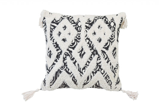 18" X 18" Black And White Ikat Zippered Polyester And Cotton Blend Throw Pillow With Tassels FurniFindUSA