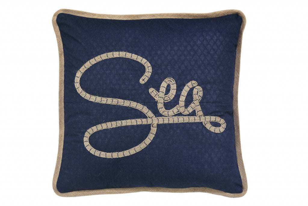 17" X 17" Navy Blue And Brown Text Zippered Polyester And Burlap Blend Throw Pillow With Embroidery FurniFindUSA