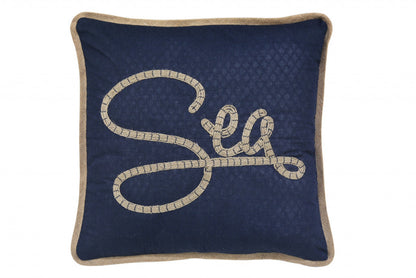 17" X 17" Navy Blue And Brown Text Zippered Polyester And Burlap Blend Throw Pillow With Embroidery FurniFindUSA