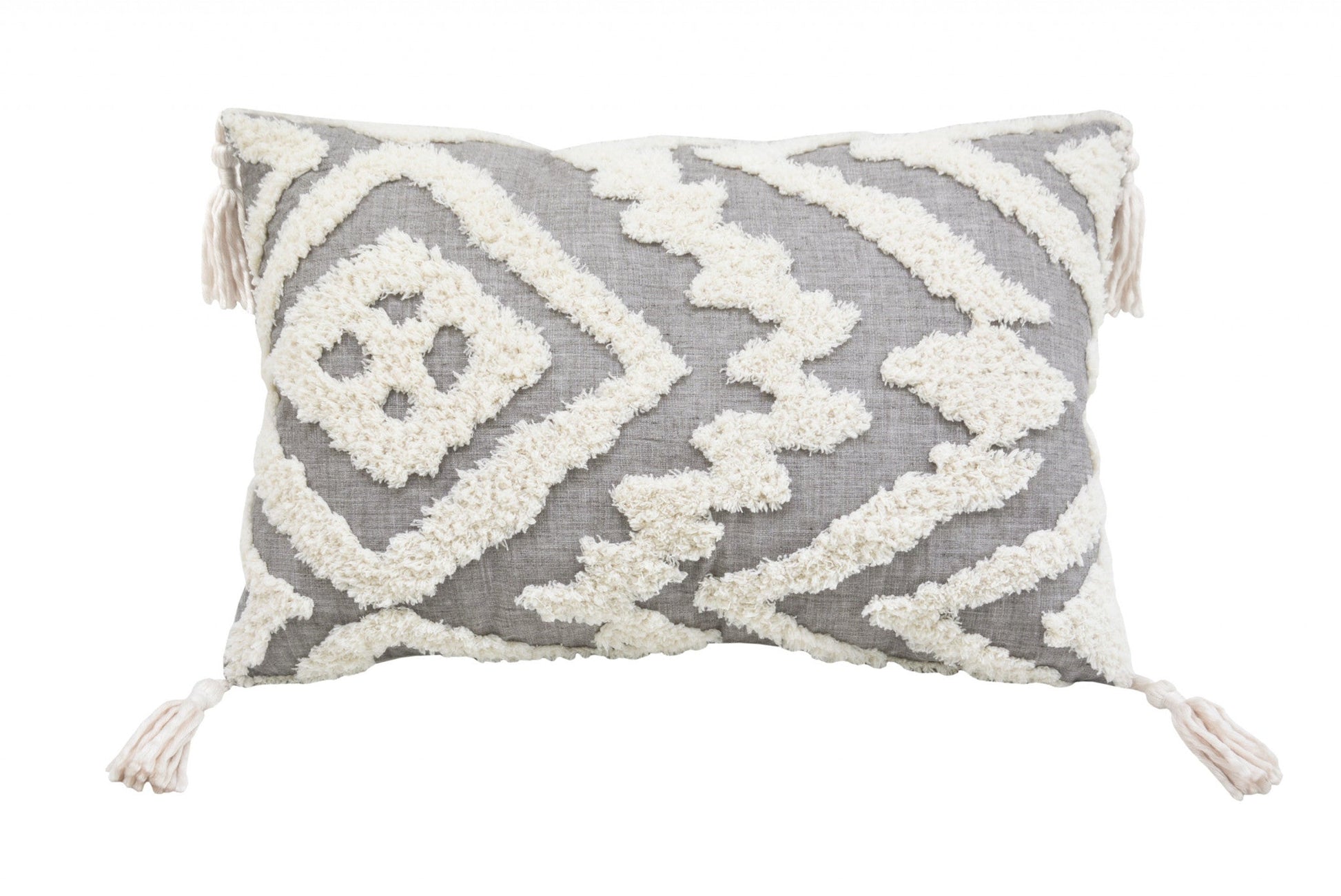 13" X 20" Grey And White Abstract Zippered Polyester Throw Pillow With Tassels FurniFindUSA