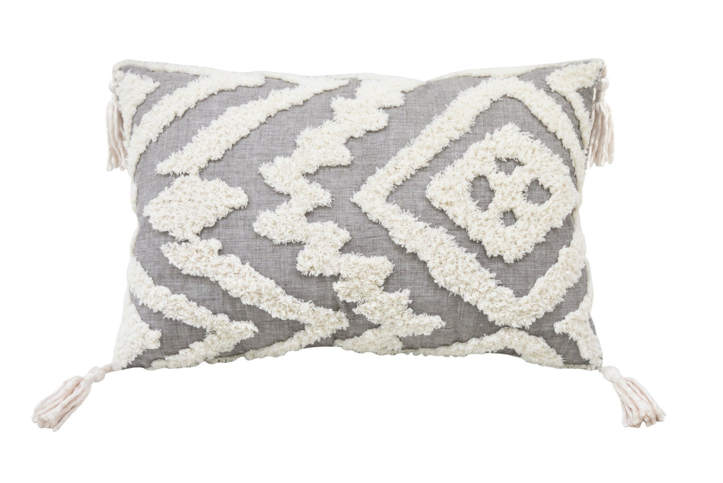 13" X 20" Grey And White Abstract Zippered Polyester Throw Pillow With Tassels FurniFindUSA