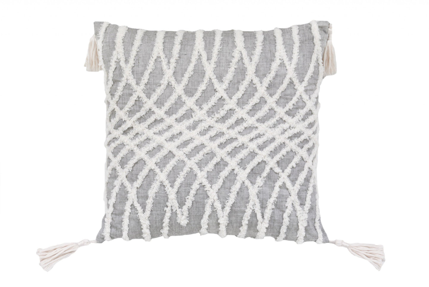 17" X 17" Grey And White Interlocking Zippered Polyester Throw Pillow With Tassels FurniFindUSA