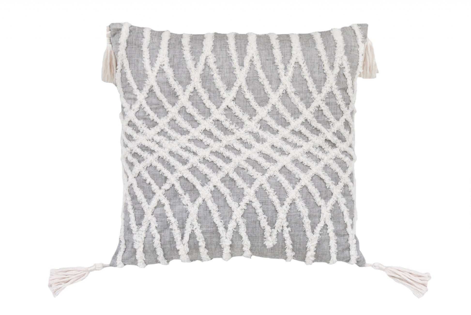 17" X 17" Grey And White Interlocking Zippered Polyester Throw Pillow With Tassels FurniFindUSA