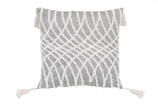 17" X 17" Grey And White Interlocking Zippered Polyester Throw Pillow With Tassels FurniFindUSA