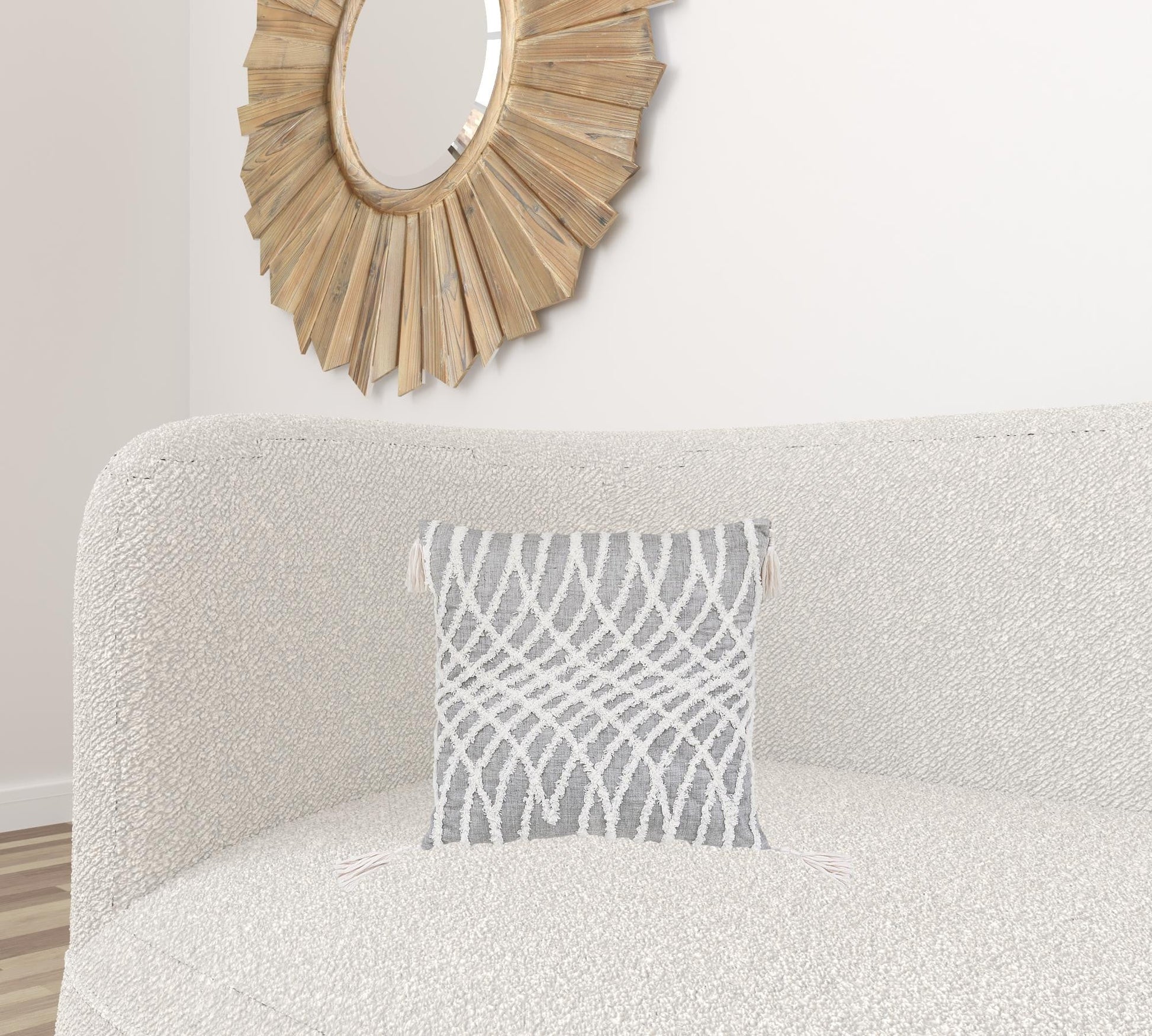 17" X 17" Grey And White Interlocking Zippered Polyester Throw Pillow With Tassels FurniFindUSA