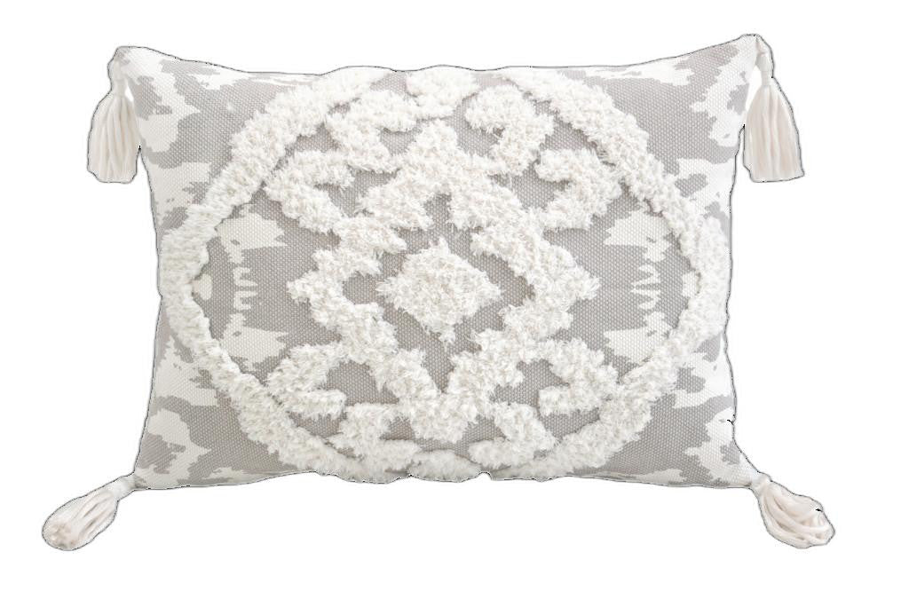 13" X 18" Grey And White Damask Zippered Polyester And Cotton Blend Throw Pillow With Tassels FurniFindUSA
