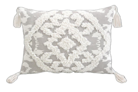 13" X 18" Grey And White Damask Zippered Polyester And Cotton Blend Throw Pillow With Tassels FurniFindUSA