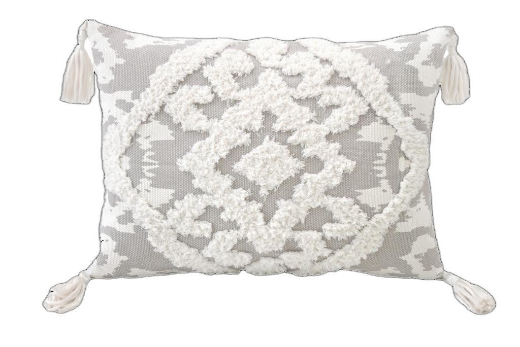 13" X 18" Grey And White Damask Zippered Polyester And Cotton Blend Throw Pillow With Tassels FurniFindUSA