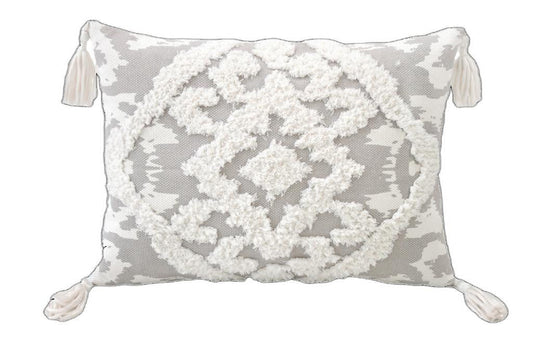 13" X 18" Grey And White Damask Zippered Polyester And Cotton Blend Throw Pillow With Tassels FurniFindUSA