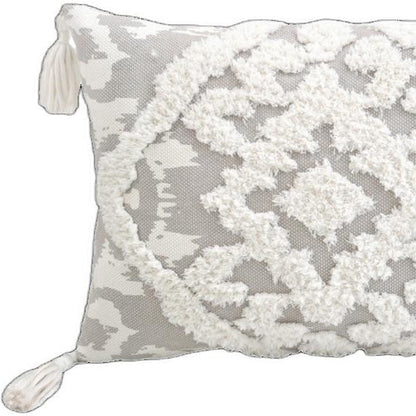 13" X 18" Grey And White Damask Zippered Polyester And Cotton Blend Throw Pillow With Tassels FurniFindUSA