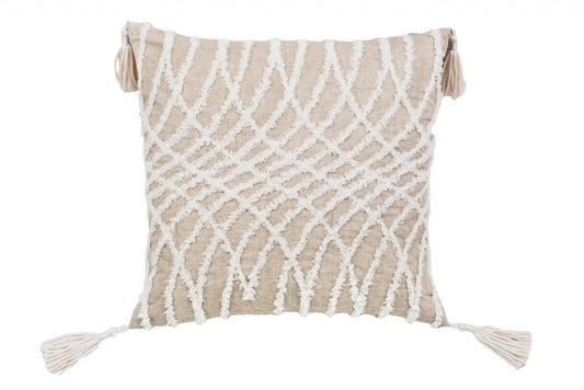 17" X 17" Taupe And White Interlocking Zippered Polyester Throw Pillow With Tassels FurniFindUSA