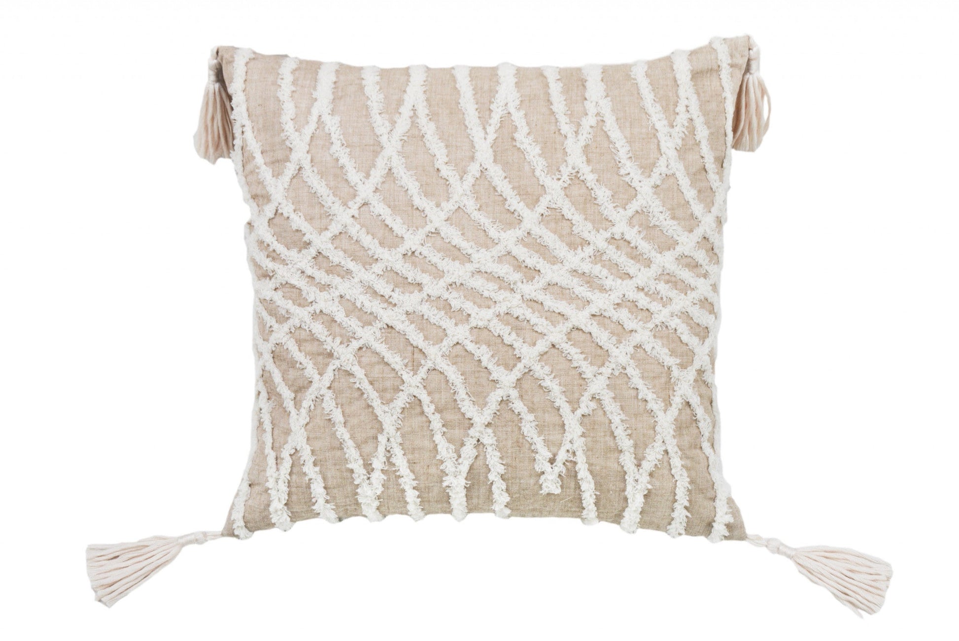 17" X 17" Taupe And White Interlocking Zippered Polyester Throw Pillow With Tassels FurniFindUSA