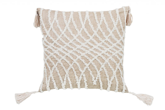 17" X 17" Taupe And White Interlocking Zippered Polyester Throw Pillow With Tassels FurniFindUSA