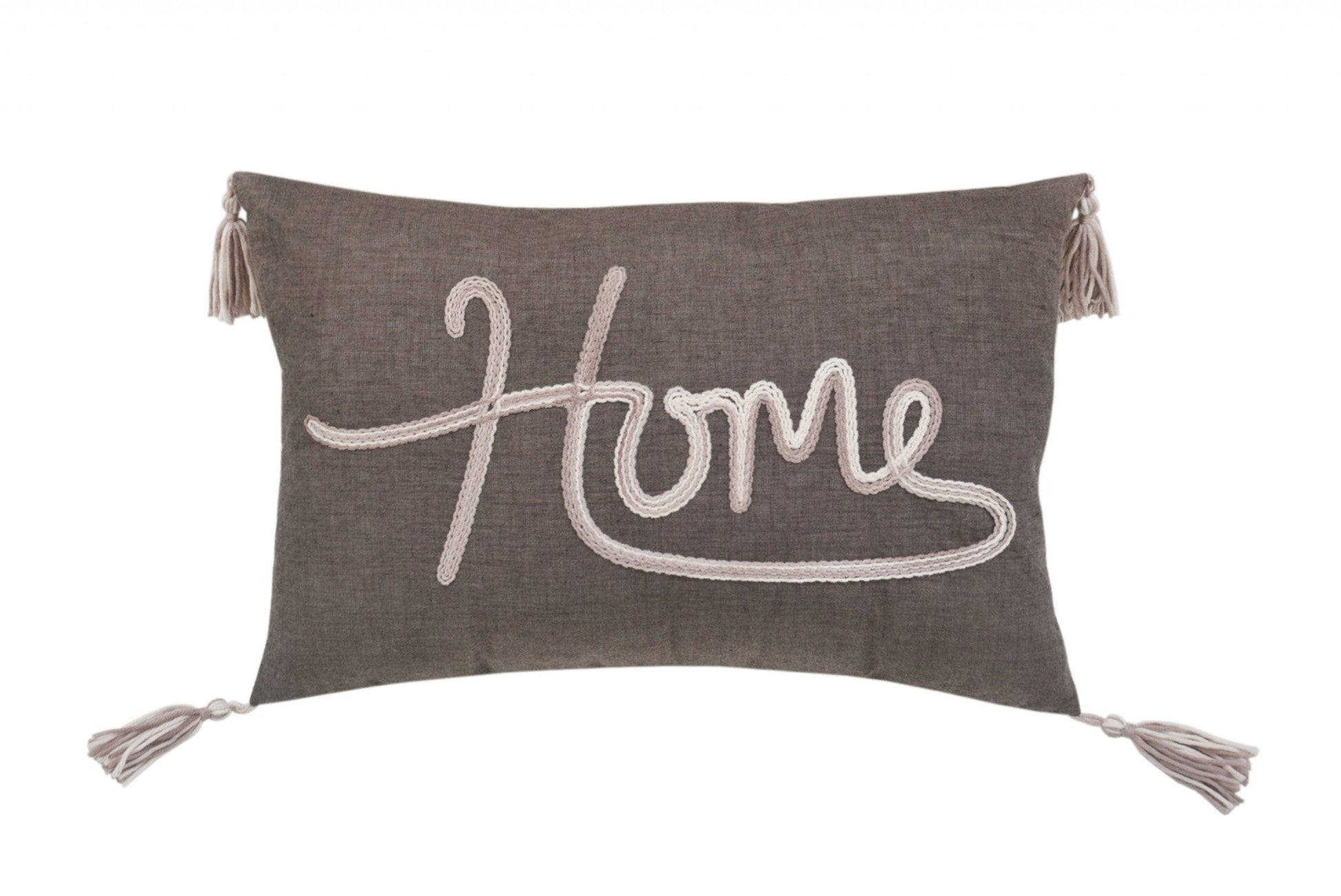 13" X 20" GreyTaupe And White Text Zippered Polyester Throw Pillow With Tassels FurniFindUSA