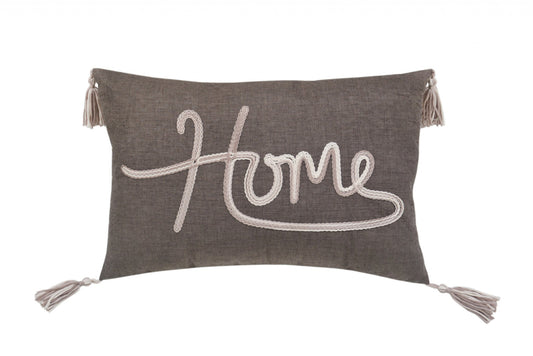 13" X 20" GreyTaupe And White Text Zippered Polyester Throw Pillow With Tassels FurniFindUSA