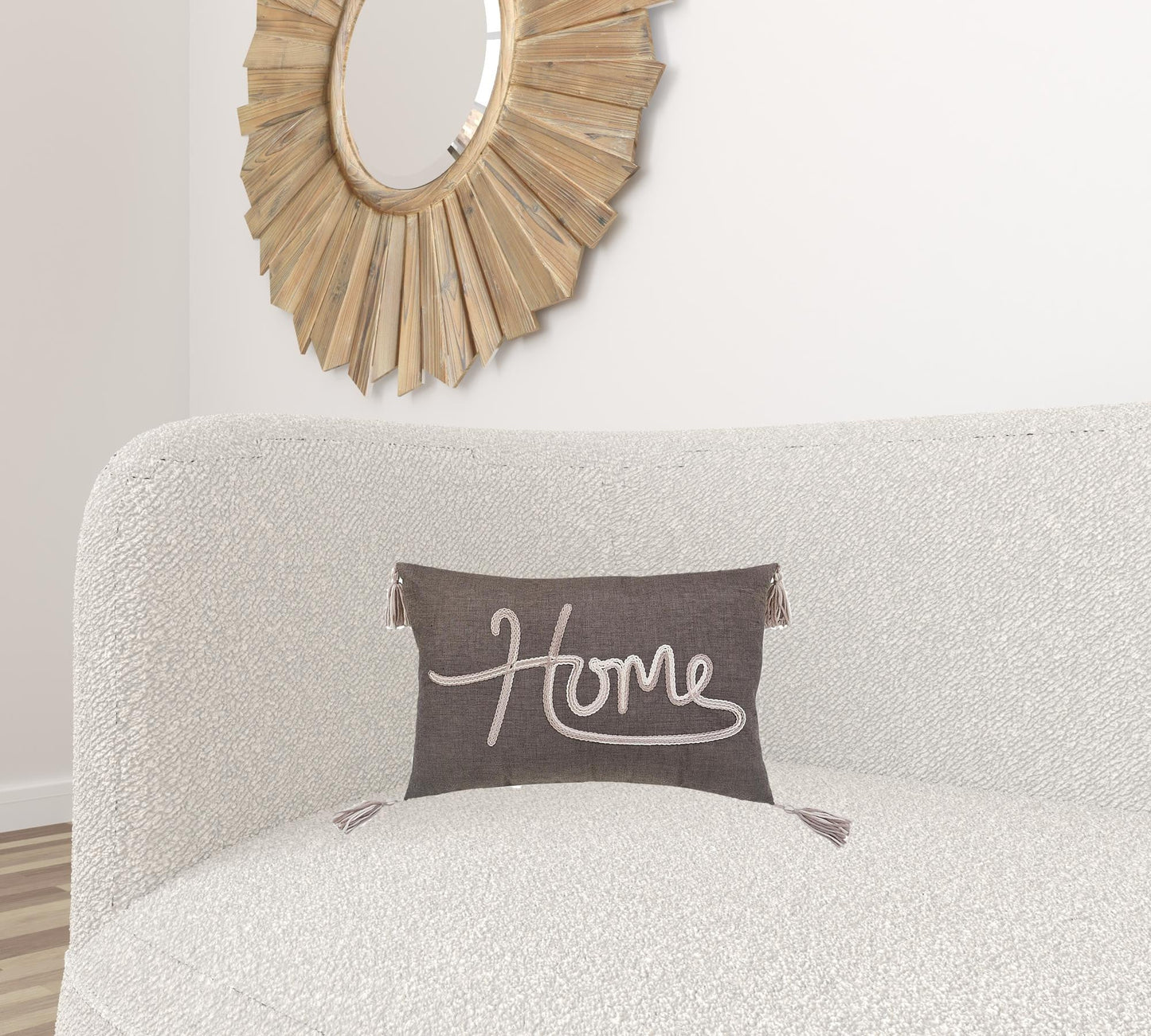 13" X 20" GreyTaupe And White Text Zippered Polyester Throw Pillow With Tassels FurniFindUSA