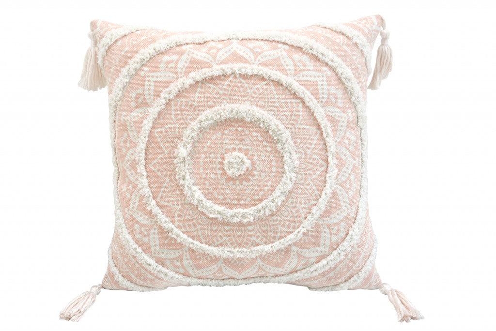 18" X 18" Peach And White Geometric Zippered Polyester And Cotton Blend Throw Pillow With Tassels FurniFindUSA