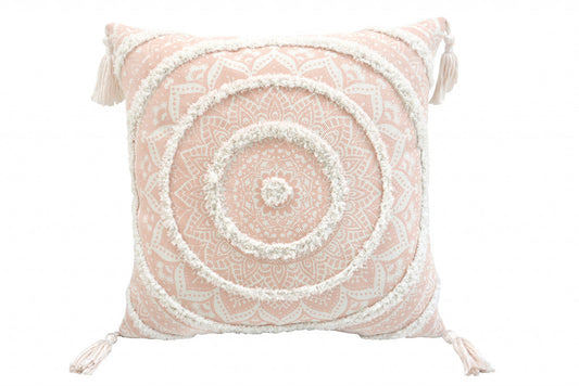 18" X 18" Peach And White Geometric Zippered Polyester And Cotton Blend Throw Pillow With Tassels FurniFindUSA