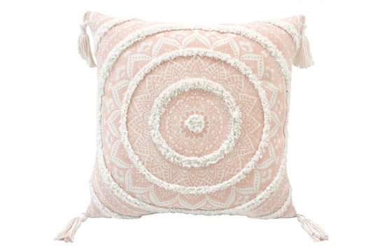 18" X 18" Peach And White Geometric Zippered Polyester And Cotton Blend Throw Pillow With Tassels FurniFindUSA