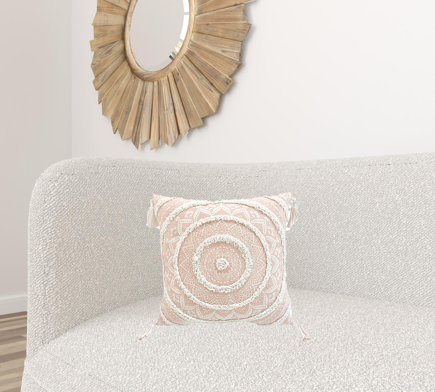 18" X 18" Peach And White Geometric Zippered Polyester And Cotton Blend Throw Pillow With Tassels FurniFindUSA